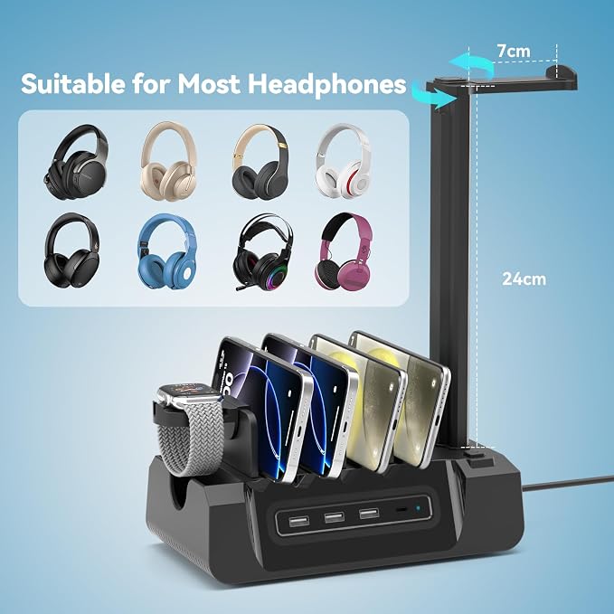 KDD Charging Station with 6 Charging Cables - Fast Charging 6 in 1 Cellphone Charging Dock with Headphone Stand and Watch Holder - 2 AC&USB A&USB C, Storage Station for Smartphone,Tablets, AppleWatch - Image 4