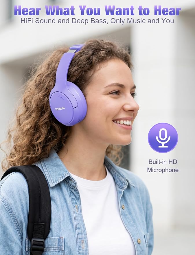 RUNOLIM Hybrid Active Noise Cancelling Headphones, Wireless Over Ear Bluetooth Headphones with Microphone, 100H Playtime, Foldable Headphone with HiFi Audio, Deep Bass for Home Travel Office（Purple） - Image 7