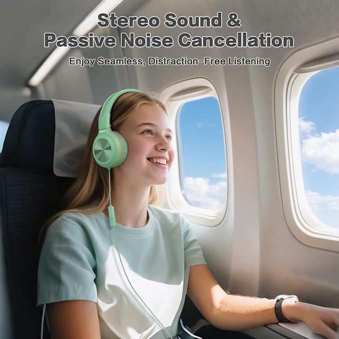 SIMOLIO Manyshare Series- Kids Wired Headphones with Microphone, Share Port & Volume Limit, Stereo Corded Headphone Girls, Boys, 3.5mm PC Headset Teens for Tablets Chromebook Laptop Travel (Green) - Image 4