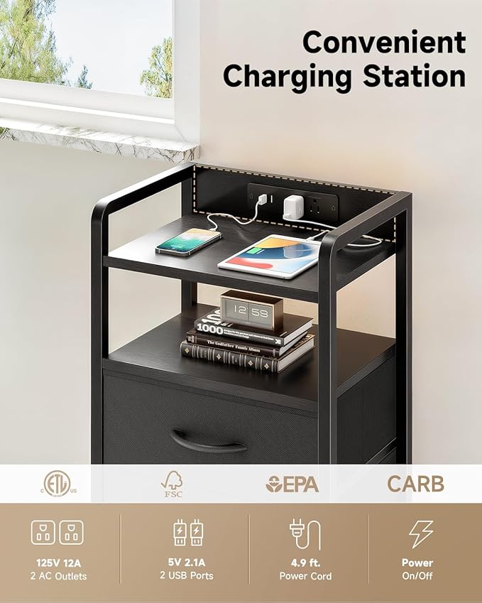 Lazzanto Nightstand with Rear Charging Station, LED Light, 2 Drawers, Black | Industrial Nightstand, 2 USB-A Ports & AC Outlets, Raised Back Guard, Fabric Storage Drawers, Bedside Table for Bedroom, Dorm - Image 5