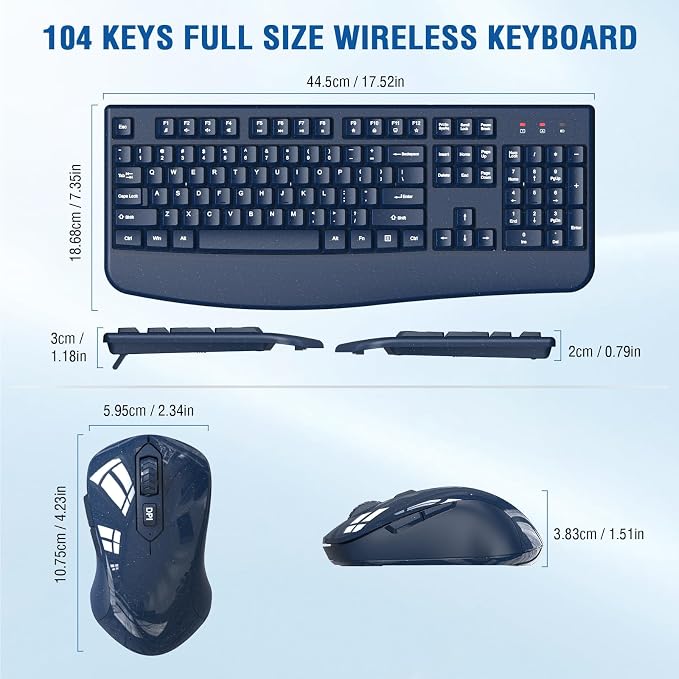 Wireless Keyboard and Mouse Combo, EDJO 2.4G Full-Sized Ergonomic Computer Keyboard with Wrist Rest and 3 Level DPI Adjustable Wireless Mouse for Windows, Mac OS Desktop/Laptop/PC(Galaxy Blue) - Image 6