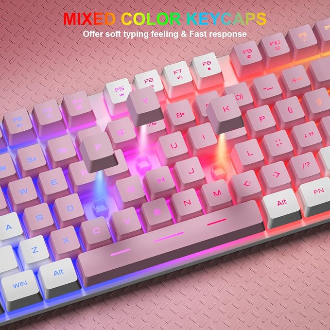 BlueFinger RGB Gaming Keyboard and Backlit Mouse Combo, USB Wired, LED Gaming Set for Laptop PC Computer Game and Work (White & Pink) - Image 4