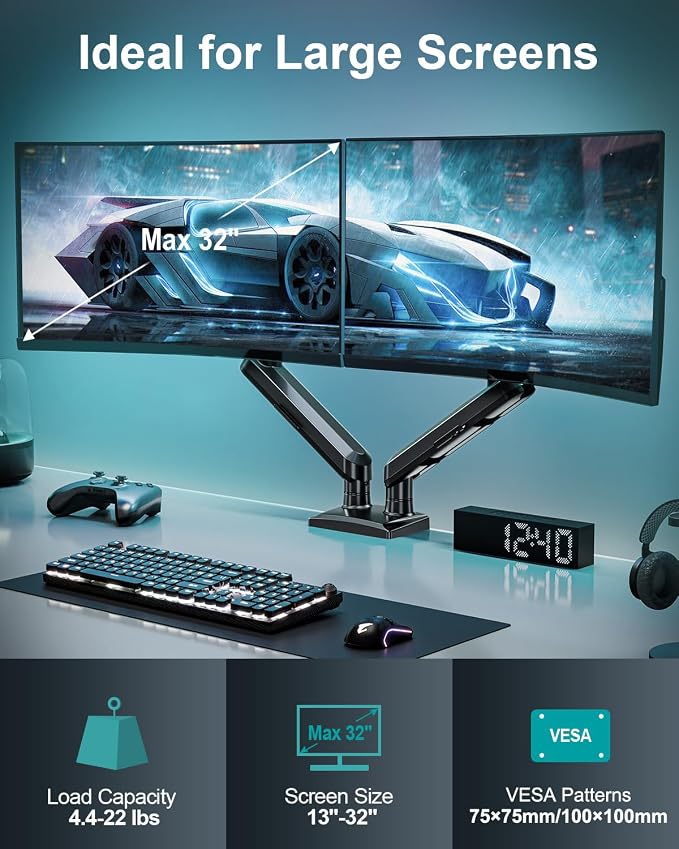 Dual Monitor Desk Mount, 13-32 inch Adjustable Full Motion Monitor Arm, Computer Display Stand Holder with Clamp and Grommet Base, Fits 4.4 to 22lbs Screens, VESA Mount Bracket, Black, Freelift Pro - Image 2
