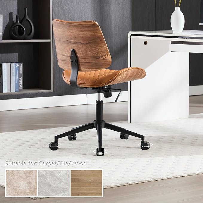 Home Office Chair No Arms with Wheels, Mid Back Walnut Style, Brown | Adjustable Height PU Leather Mid Back Support, 360 Swivel Computer Small Desk Seat, Armless Walnut Office Chair, 300LBS Cap - Image 7