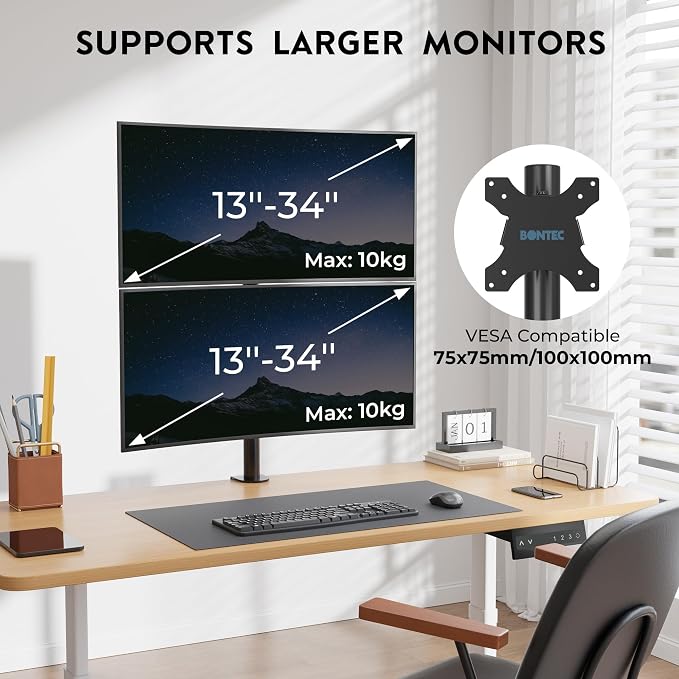 BONTEC Vertical Dual Monitor Desk Mount, 13-34", VESA 75x75/100x100mm | Full Motion Adjustability, Up to 22lbs per Arm, C Clamp and Grommet Mounting Options, Cable Management for Flexible Setup - Image 3