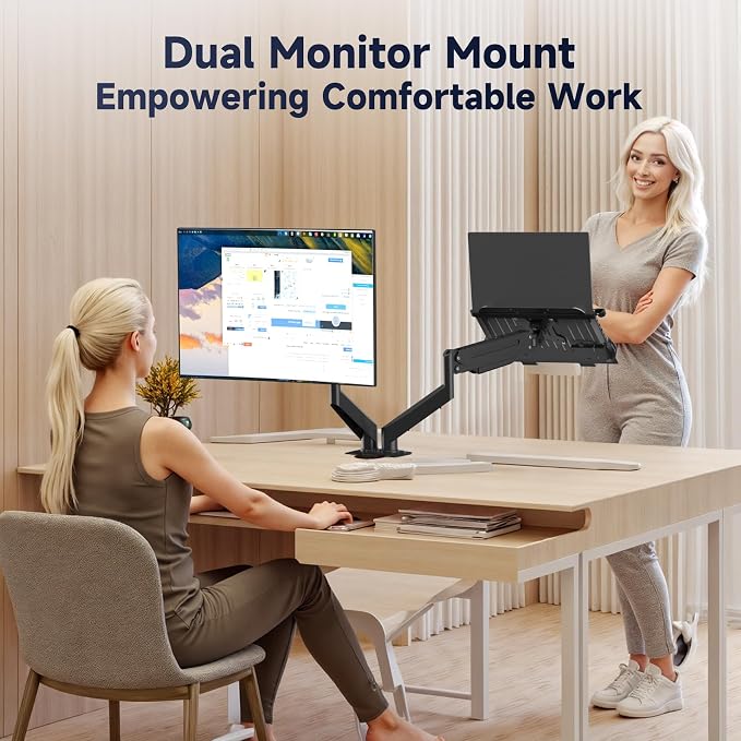 Suptek Monitor Laptop Mount Stand, 2 in 1 Function Dual Monitor Arms Desk Mount for 13"-18" Notebook and 17"-32" Monitor with Laptop Tray,Holds up to 22lbs - Image 5