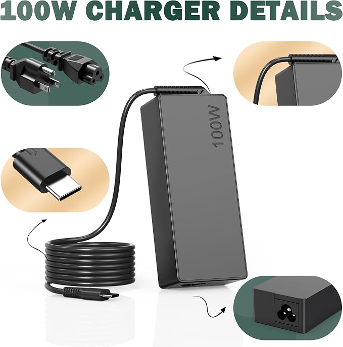100W USB C Laptop Charger Universal Compatible with Lenovo Thinkpad Yoga Chromebook, Mac Book, HP, Dell, Acer, Asus, Samsung, Google and All USB Type C Devices, Fast Adapter Power Cord Supply - Image 3