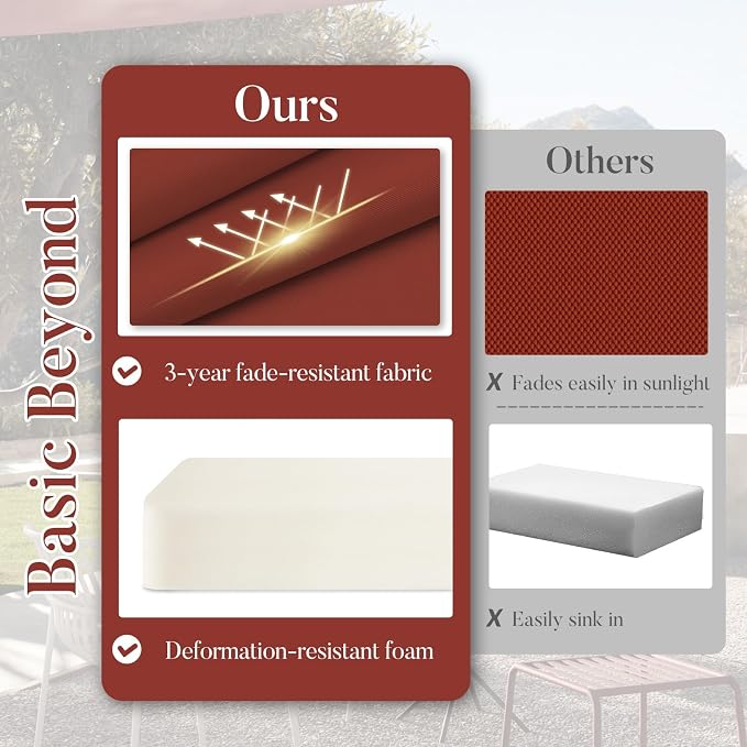 Basic Beyond Outdoor Chair Cushions for Patio Furniture, Waterproof Outdoor Seat Cushions Set of 4 19 x 19, Patio Chair Cushions Set of 4 with Ties and Handle, Brick Red - Image 2