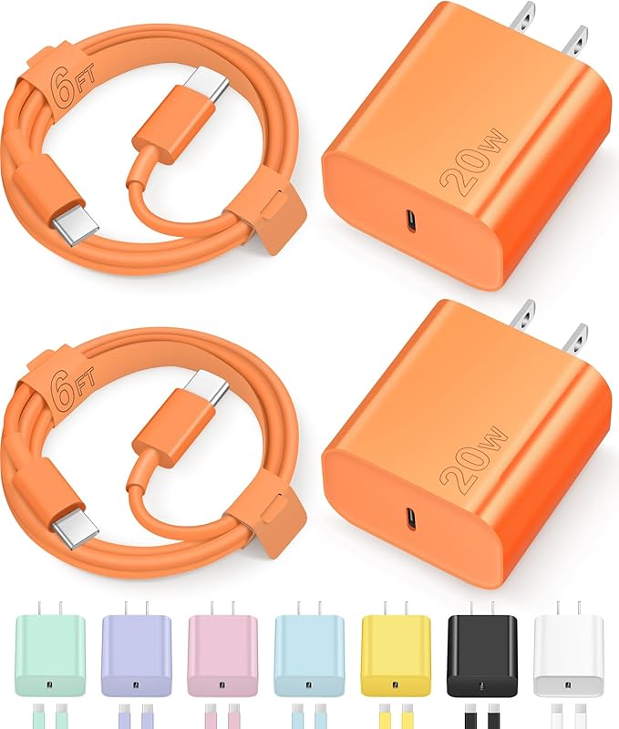iPhone 17 16 15 Charger Fast Charging Type C Chargers USB C Charger Block | for iPhones, iPads,Tablets, Android phones,20W iPhone Charger USB-C Power Adapter,with Long 6FT USB C Charging Cables(Orange) by NOVOBIT