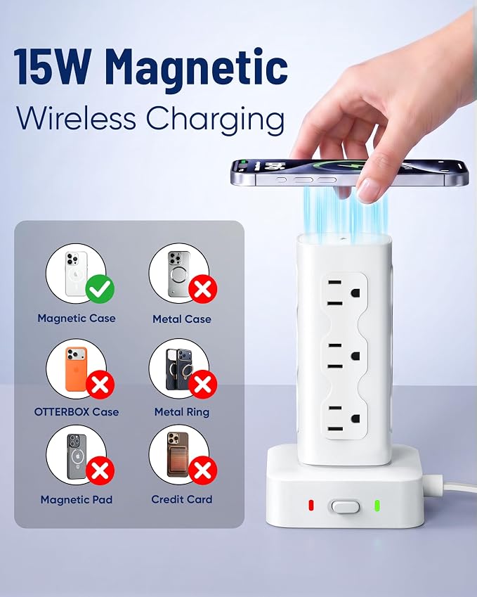 Power Strip Tower Surge Protector(2000J), PD65W Charging Station Tower with 12 AC Outlets & 8 USB Ports (4 USB C), 6FT Extension Cord for Home Office Dorm, White - Image 3