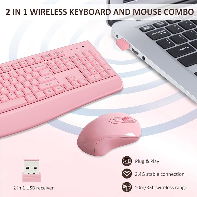 Wireless Keyboard and Mouse Combo, Full-Sized 2.4GHz Wireless Keyboard with Comfortable Palm Rest and Optical Mouse for Windows, Mac OS PC/Desktops/Computer/Laptops (Full Pink) - Image 5