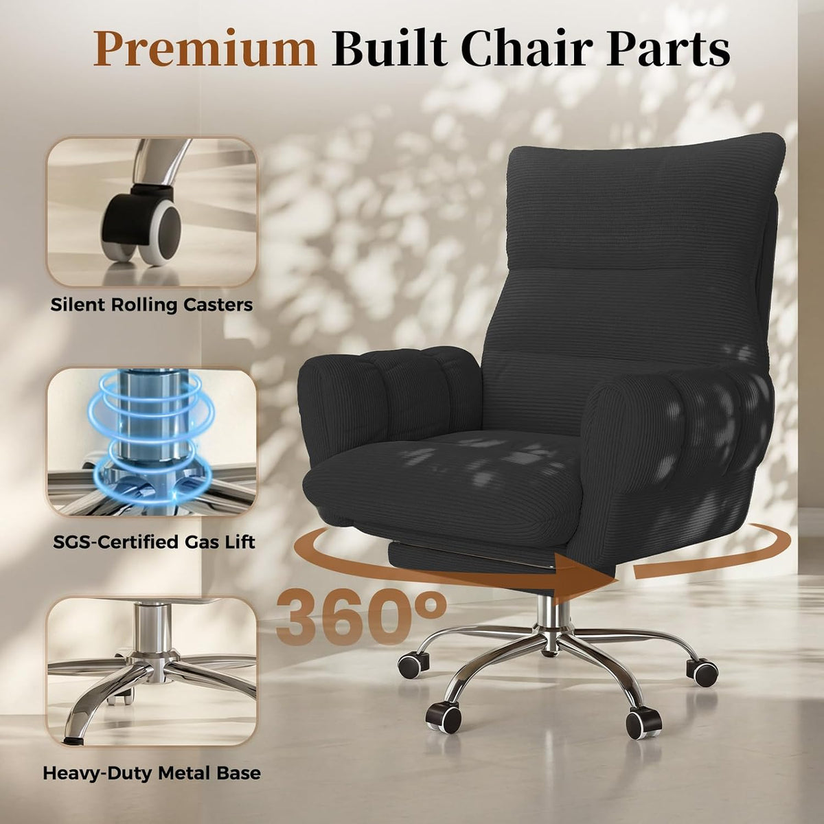 Cross Legged Office Chair, Cloud Desk Chair with Flip-Up Arm Rests, Foot Rest, Wide Seat, Comfy Executive Ergonomic Computer Gaming Chair, Black - Image 6