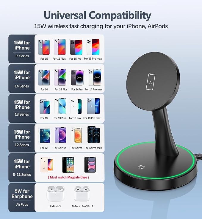 Magnetic Wireless Charger Stand 15W Fast Mag-Safe Charger for iPhone 17/17 pro/ 17 Air/ 17 pro max 16/15/14/13/12 Series Magnet Wireless Charging Station/Pad with Sleep-Friendly Light for AirPods - Image 7