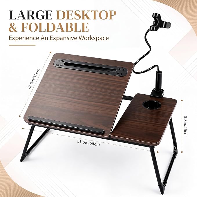 Nuanchu Walnut Wood Color 2 Pcs 23.6 in Laptop Desk for Bed with Adjustable Stand, Lap Desks for Adults, Bed Tray with Drawer & Phone Holder, Dorm Room, College Dorm (5 Gears) - Image 3