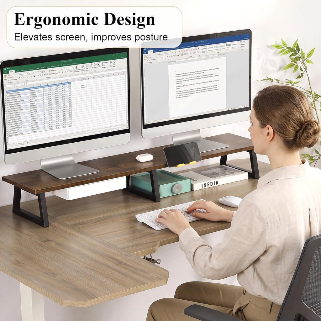 TEAMIX 42 inch Dual Monitor Stand Riser with Storage Drawer for Desk, Brown - Image 7