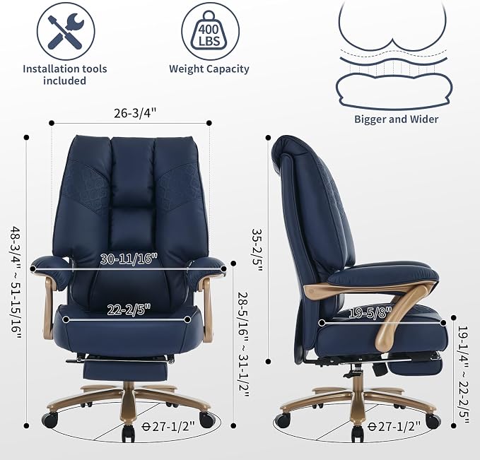 EXCEBET Big and Tall Executive Office Chair with Footrest, 400LBS Capacity Ergonomic High-Back Desk Office Chair with Lumbar Support, Padded Armrests & Thick Cushion, Blue PU Leather Chairs - Image 2