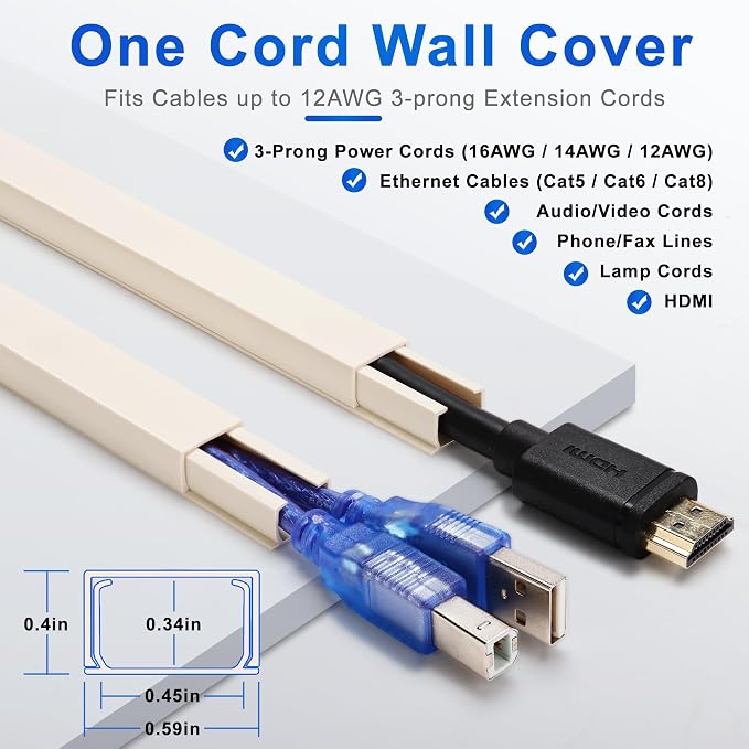 ZhiYo 68" Cord Hider for 1 Cable, Small Beige Wire Covers, 0.6" W x 0.4" H | Fits Up to 1 Thick Extension Cord, Premium Paintable Cable Management Raceway for Wall & Corner, Easy Install - Image 2