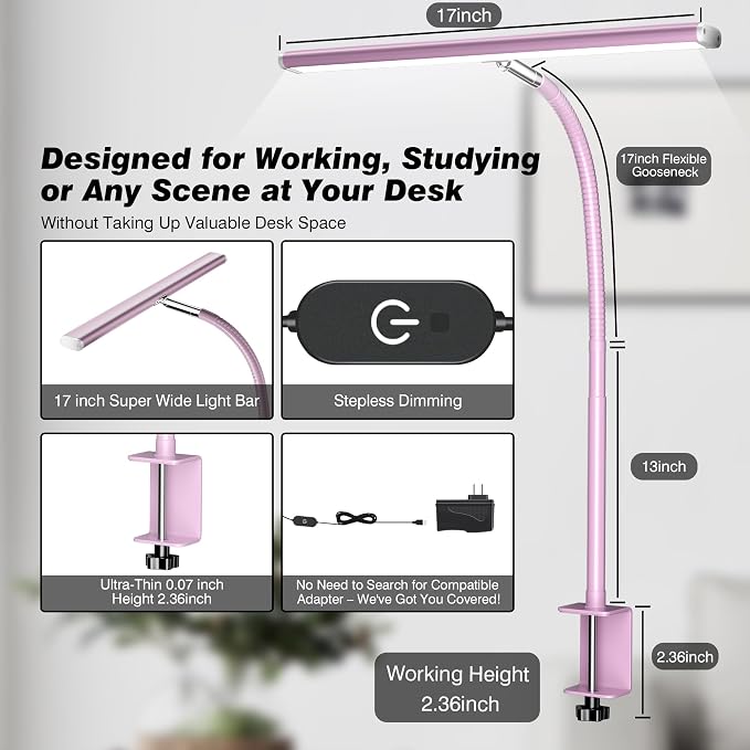 Airlonv LED Desk Lamp with Clamp, 17" Stepless Dimming Light (Pink) | 2700K-6500K, 100 LEDs, 360° Gooseneck, Fits Up to 30" Monitors, Flicker-Free Lighting for Home Office, Study& Workbench - Image 3