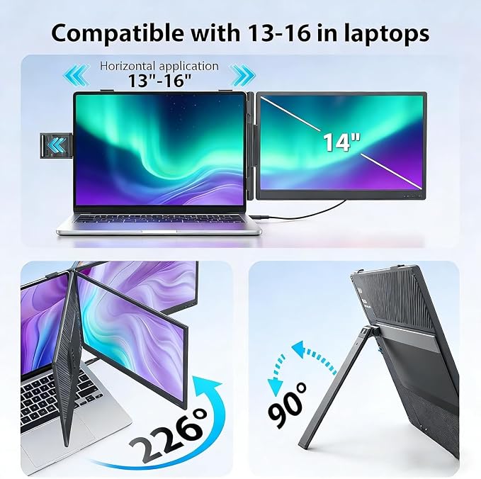 APILDELLA 14" Laptop Screen Extender, FHD 1080P IPS Travel Dual Monitor, 226° Rotation Portable Monitor for Laptops 13-16" with USB-C/HDMI Port, Plug-Play for Win/Mac/Chrome/Android - Image 4