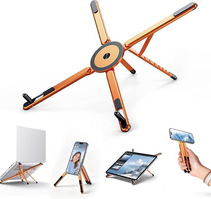 Portable Laptop Stand, 3-in-1 Magnetic Foldable Adjustable, for Desk | Aluminum alloy, lightweight compact, 8-level height, ergonomic, for phone/tablet, home office/travel by Boneruy