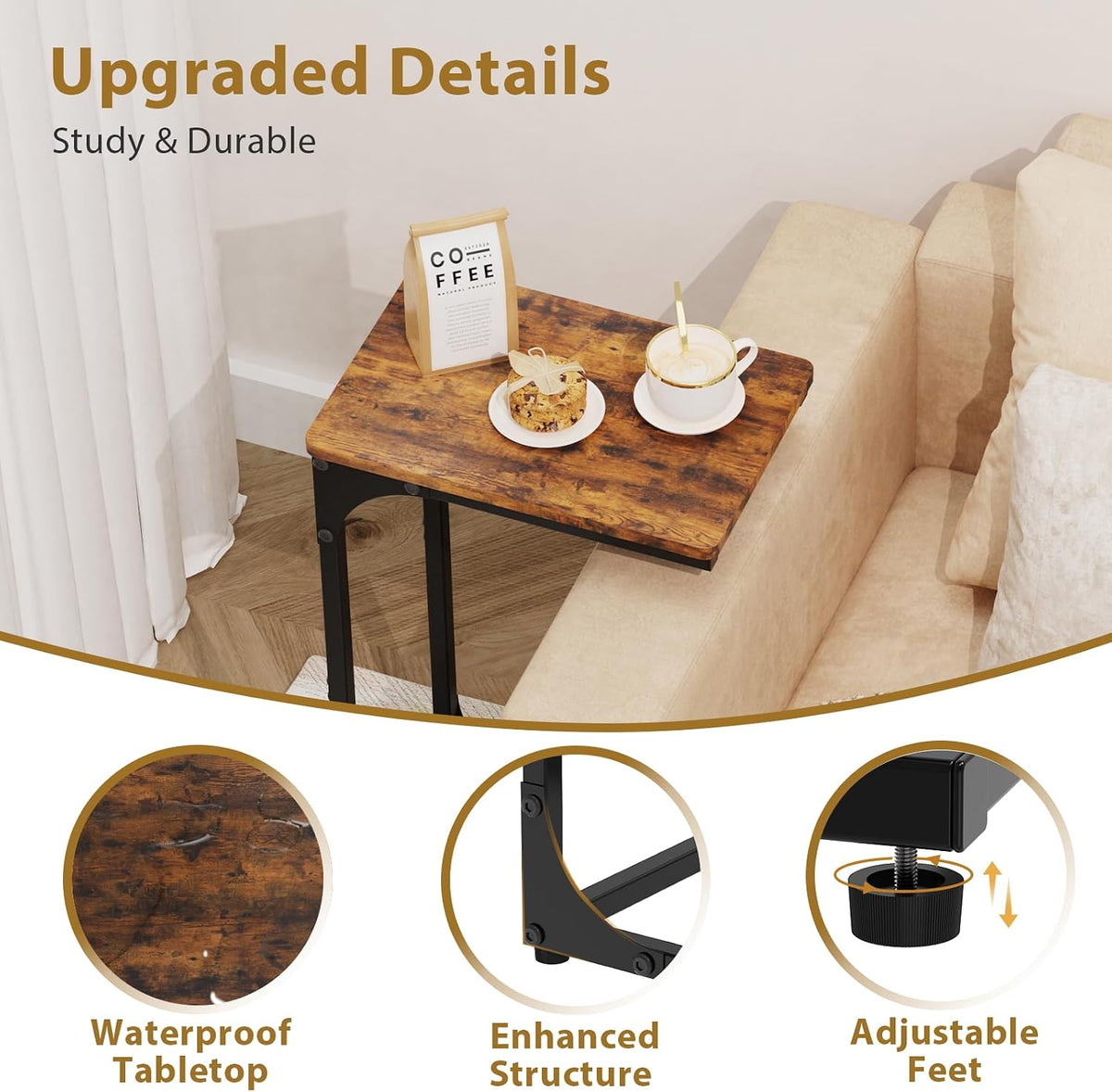 C Shaped End Tables Couch Table TV Trays Set of 2, 7" Wide, Rustic Brown - Image 4