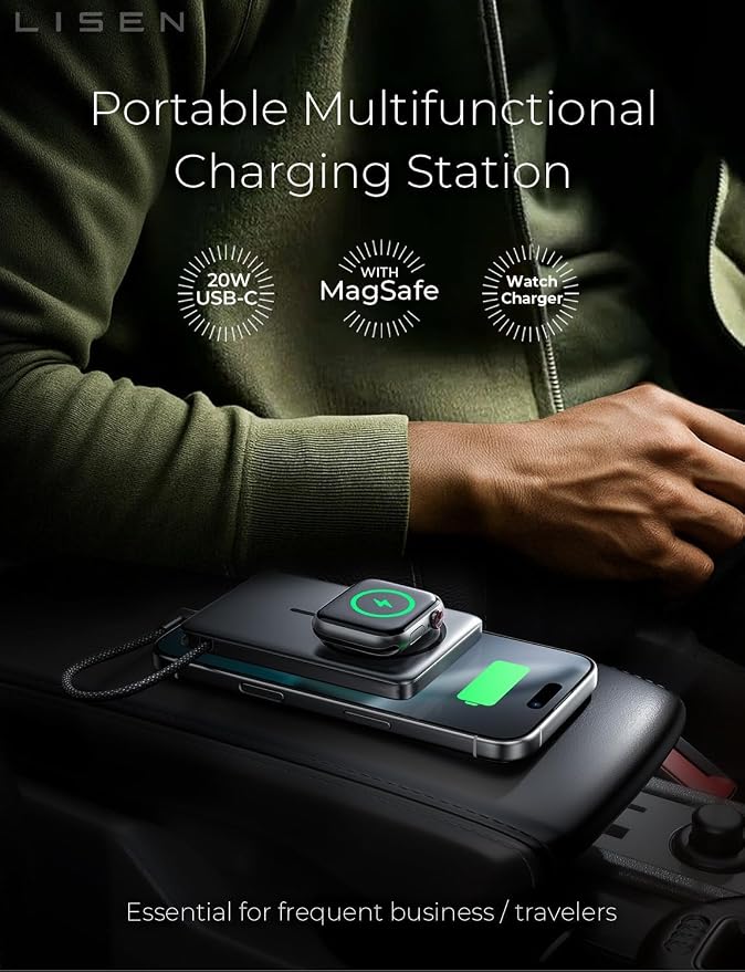 LISEN 0.5'' Ultra Slim MagSafe Power Bank for iPhone and Apple Watch,10000mAh MagSafe Battery Pack,Alloy Magnetic Portable Charger for iPhone 16 Pro Max Plus/15, Apple Watch S11 /S10 S9 SE，Grey - Image 9