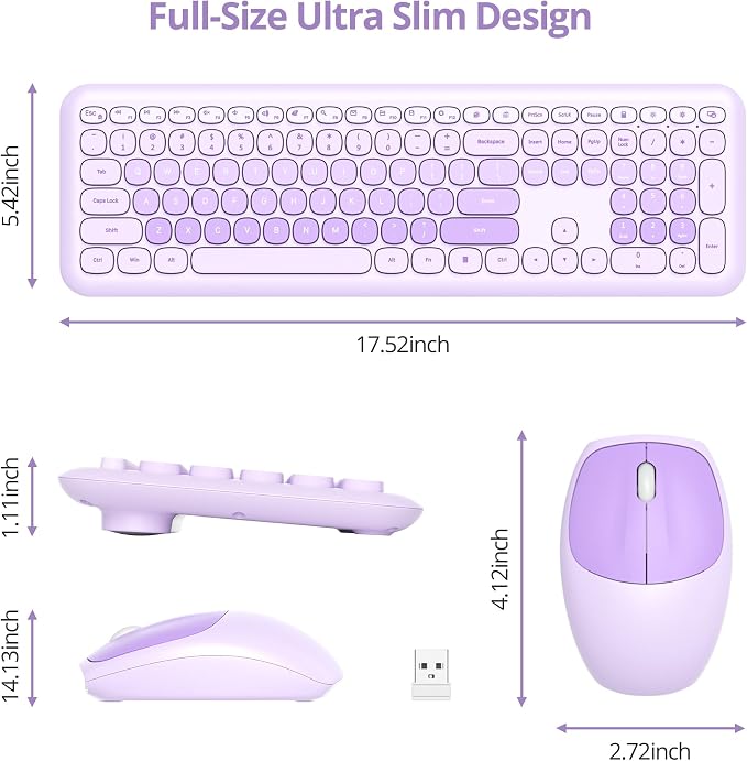 Surmen Cute Purple Keyboard and Mouse Wireless Silent, Full-Size Retro Typewriter Wireless Quiet Keyboard Mice Set Low-Noise 2.4GHz for Computer, Desktop, Laptop(6-Diary Purple) - Image 6