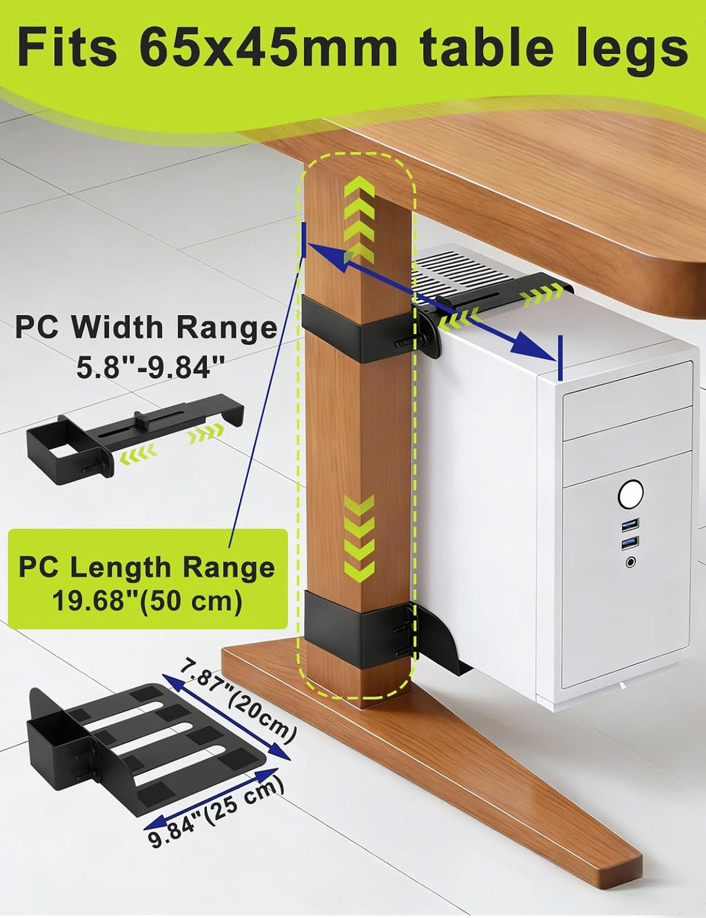 No-Drill Under Desk PC Mount, Adjustable CPU Holder for Standing Desk, Compatible Only with 65mm × 45mm Desk Legs, Supports up to 50 lbs, Includes Non-Slip Pads - Image 4