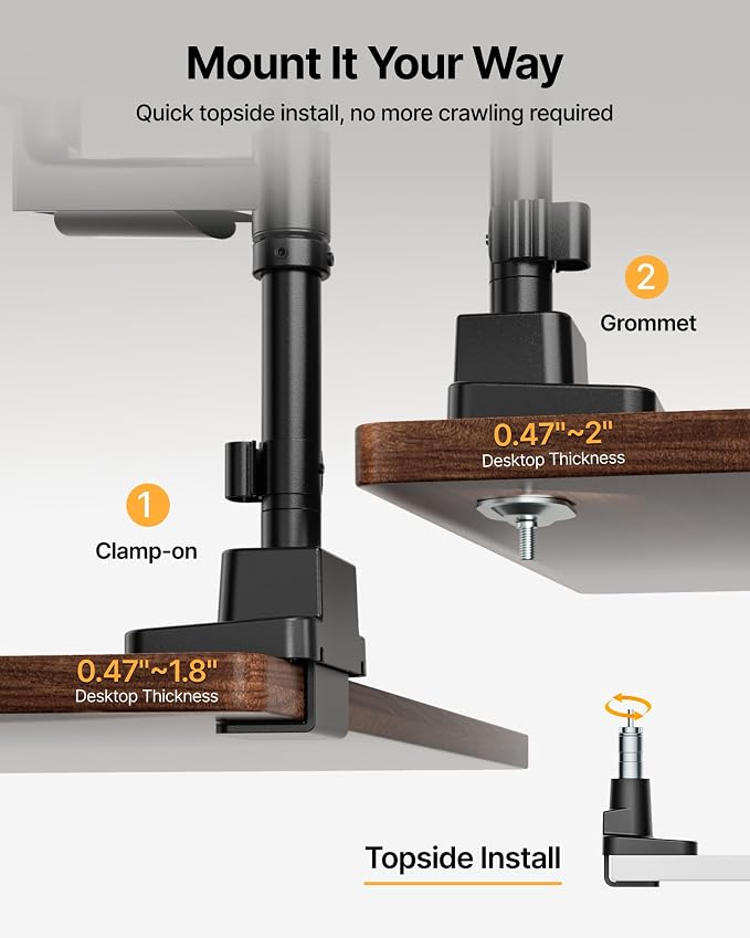 monTEK Dual Ultrawide Monitor Arm for 17-57" Screens, USB, Black | USB-A/C ports, pneumatic lift, quick-release VESA 75/100 plates, clamp/grommet bases and hidden cable routing - Image 7