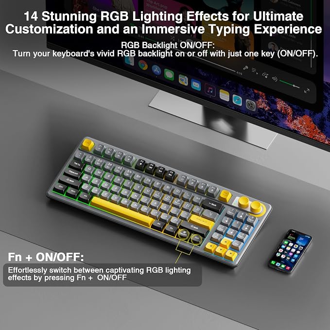 SOLAKAKA SK90 75% Wireless Gaming Keyboard - 4000mAh Tri-Mode (BT5.0/2.4G/USB-C) Cute Creamy Gaming Keyboard with Number Pad, Media Knob, RGB Backlit, Quiet Keys Silent Office Keyboards for PC MAC - Image 4