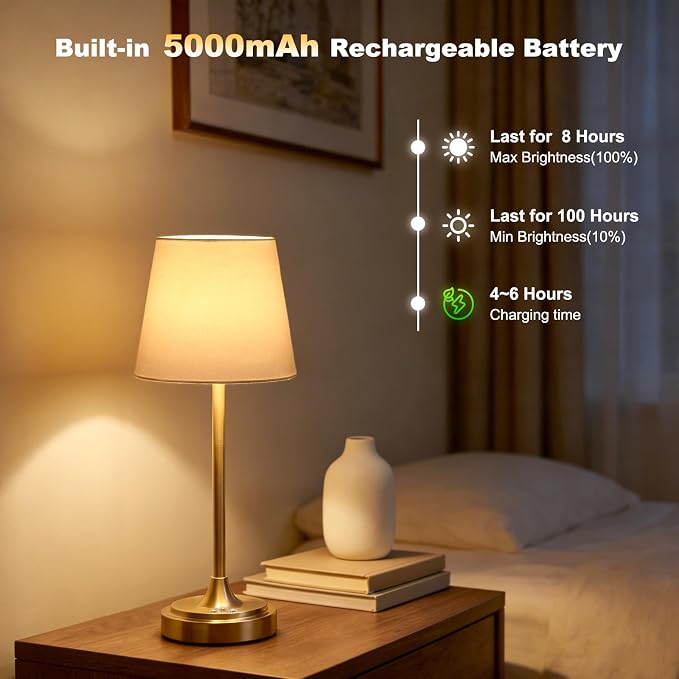 Wowag Cordless Table Lamp Rechargeable,5000mAh Battery Operated Desk Lamp,3 Colors & 7 RGB Stepless Dimmable,Touch Control Ambient Light for Bedside,Bedroom,Dining Room,Living Room,Gold,WhiteShade - Image 5