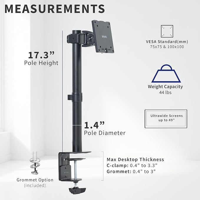 VIVO Clamp-on Single Ultra Wide Monitor Desk Mount, Low Profile Heavy Duty Adjustable Stand for 1 Ultrawide Screen up to 49 inches, 44 lbs Capacity, Black, STAND-V100C - Image 3