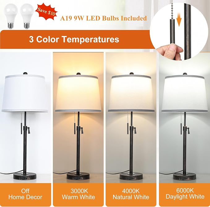Adjustable Height Table Lamps Set of 2 22-30in Retro Black Brush Gold Modern Nightstand with White Shade 3 Color Temperature Pull Chain Bedside Lamps for Living Room Bedroom Hallway(Bulbs Included) - Image 2