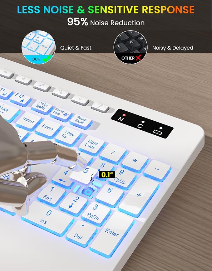 Wireless Keyboard, 7 Colored Backlits, Wrist Rest, Phone Holder-White | Rechargeable Ergonomic Computer Keyboard with Silent Keys, Full Size Lighted Keyboard for Windows, Mac, PC, Laptop - Image 6