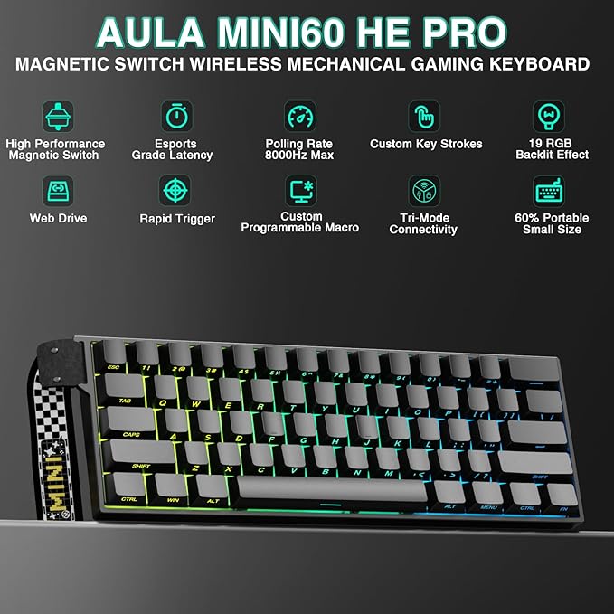 Aula MINI60 HE PRO Wireless Gaming Keyboard 60%,Hall Effect Rapid Trigger Magnetic Keyboard,8000Hz Polling,Tri-Mode(BT5.0/2.4GHz/USB-C),RGB Hot Swappable Compact Mechanical Keyboard for Gamer(Black) - Image 2