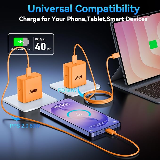 Type C Charger Fast Charging 60W Super Fast USB C Fast Charger Block with 10FT Extra Long C to C Charging Cord for Samsung Galaxy S26 Ultra/S26/S26+/S25 /S24/S23 Ultra/iPhone 17 16 15 Pro Max-Orange - Image 4