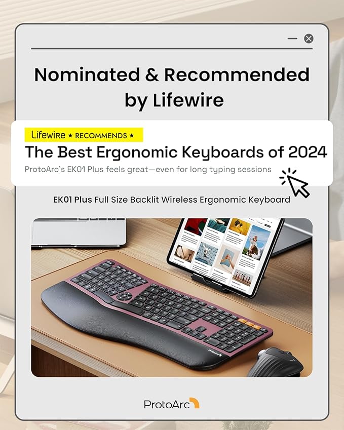 ProtoArc EK01 Plus Backlit Bluetooth Ergonomic Keyboard, Full Size, Red | Adjustable brightness, split design, cushioned wrist rest, connect 3 devices via Bluetooth/2.4G, 2000mAh USB-C rechargeable. - Image 2