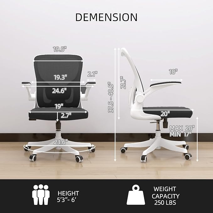 Monhey Office Chair - Ergonomic Office Chair with Lumbar Support & Flip Up Arms Home Office Desk Chairs Rockable High Back Swivel Computer Chair White Frame & Black Mesh Study Chair - Image 2