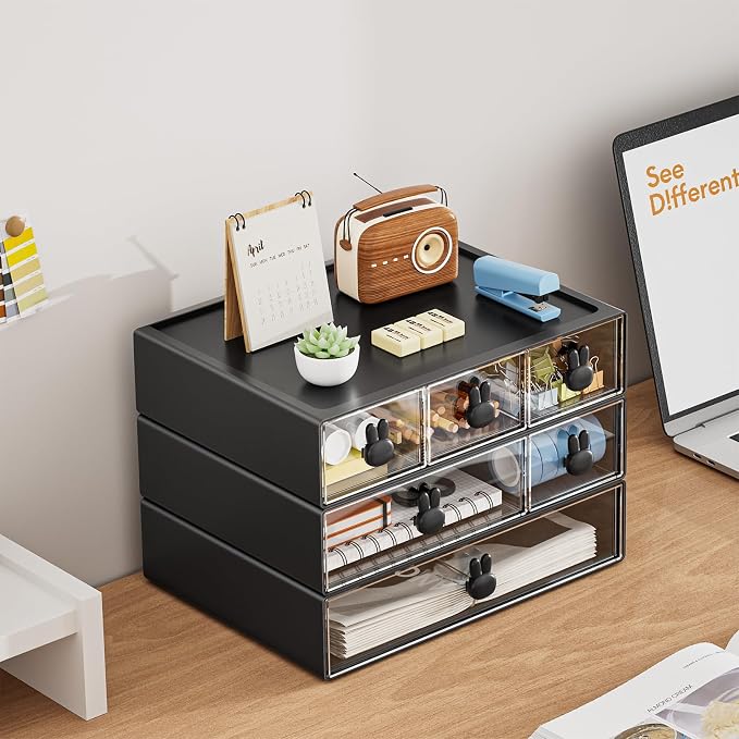 Marbrasse Desk Organizer with 6 Drawers, 3 Tier Stackable Storage Drawers Plastic Makeup Storage, Office Organizers and Storage, Desk Storage Box for Office, School, Home Black - Image 3