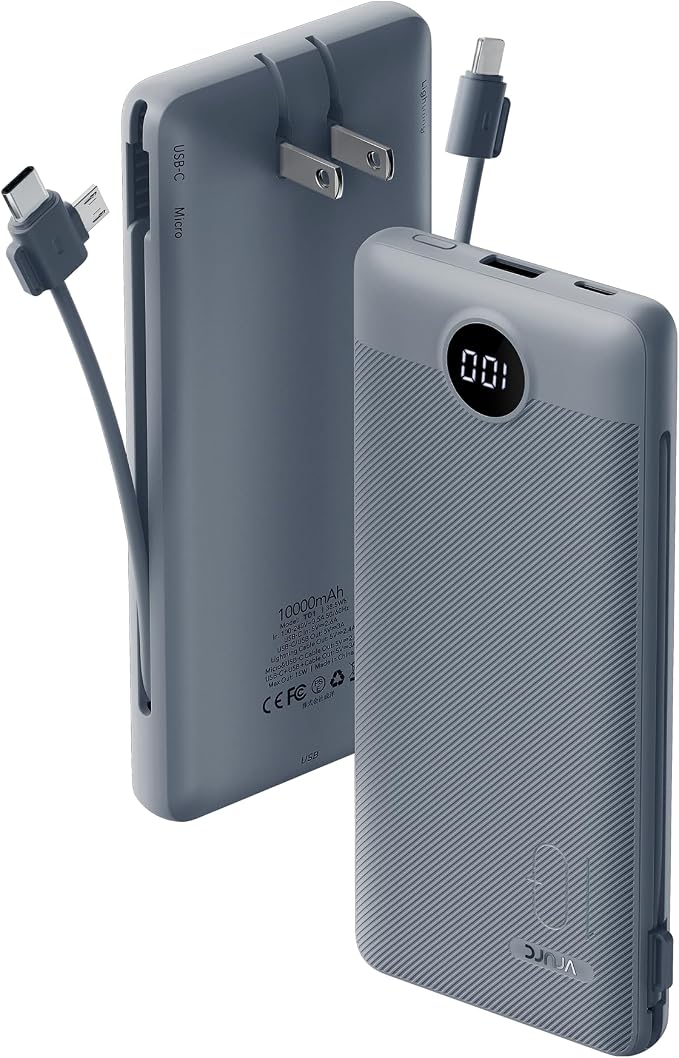 VRURC Portable Charger Built-in Cables and AC Wall Plug, USB C Power Bank 10000mAh, Travel Battery Portable Phone Charger Compact Lightweight External Battery Pack for Smart Phones, Tablets etc-Grey by Home
