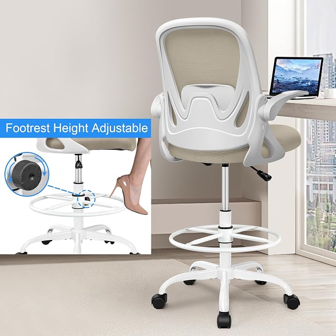 Drafting Chair Tall Office Chair with Flip-up Armrests, Adjustable Height, and Enhanced Lumbar Support - Ergonomic Rolling Stool, Back Support, and Adjustable Foot Rest Ring for Standing Desk Khaki - Image 4