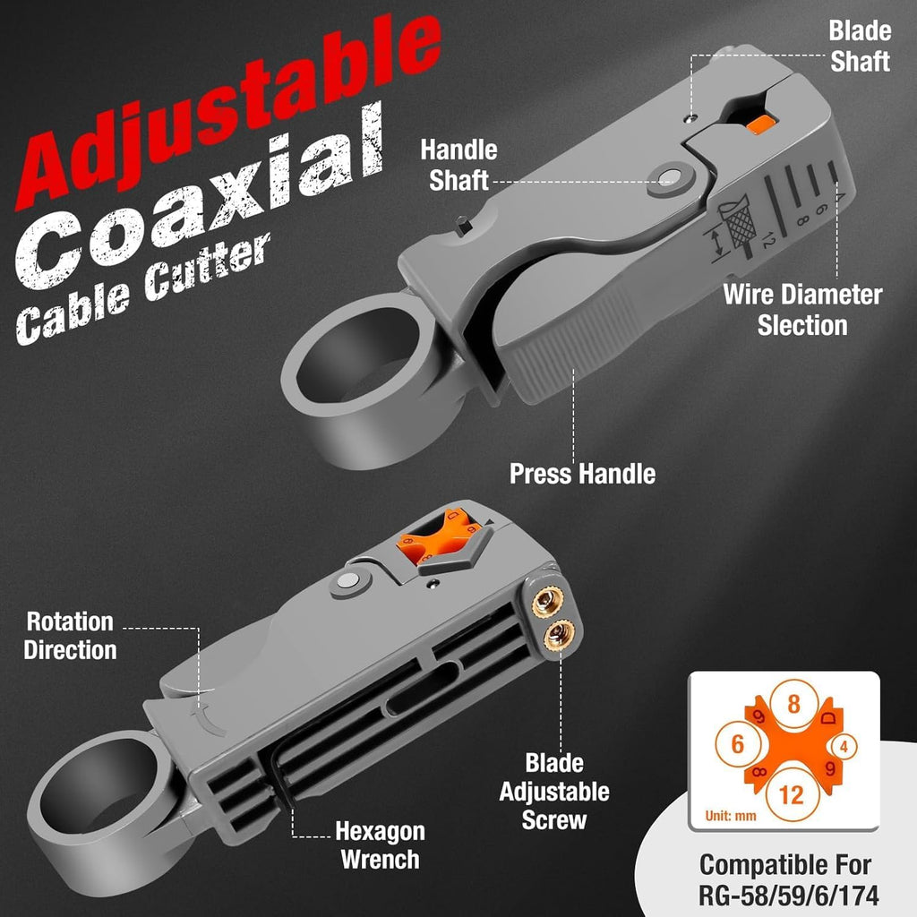 Coaxial Cable Crimper for RG59, RG6, 3-in-1 Coax Cable Repair Kit with Wire Stripper Adjustable for RG59, RG11, RG7, F-Type RG6 Connector for Satellite TV, Home Theater and Network Cabling (19) - Image 2