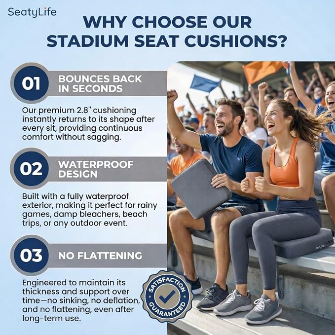 Extra Thick Stadium Seat Cushion - Bleacher Seat Cushion, Stadium Cushion | Waterproof, 2.8" Bleacher Cushions for Adults, Lightweight Stadium Seat Pad, 2-Pack Gray Portable Seat Cushion with Handle - Image 5