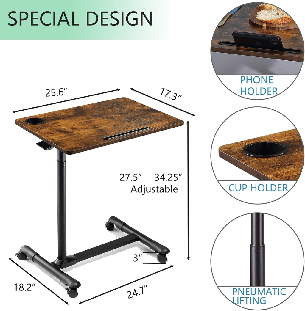 ETHU Overbed Table with Wheels, Height Adjustable 27.5-34.25", Walnut - Image 3