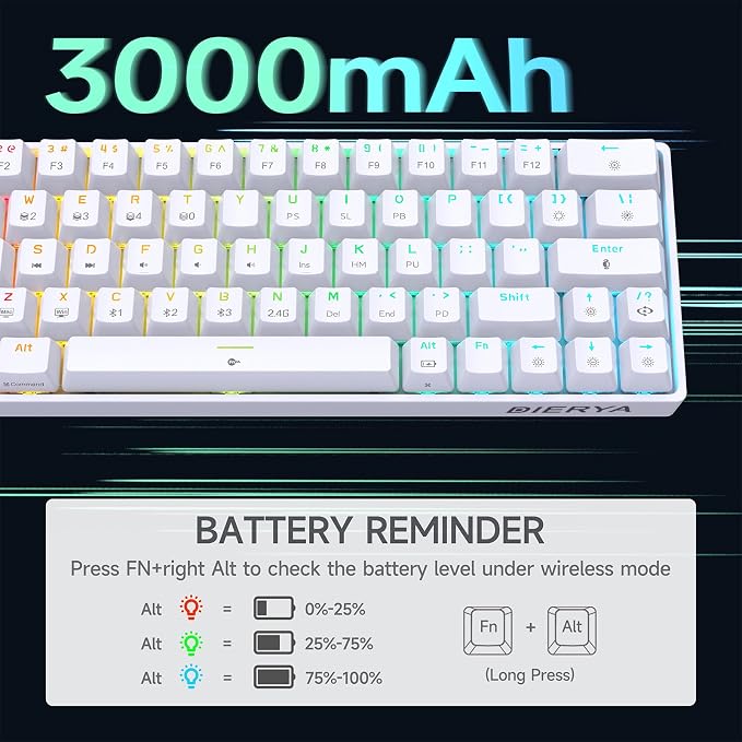 DIERYA DK63 60% Wireless Mechanical Gaming Keyboard | Bluetooth/2.4G/Wired Keyboard | RGB Backlit Compact 63 Keys Mini Office Keyboard | with Blue Switch | for Windows Laptop PC Gamer Typist-White - Image 5