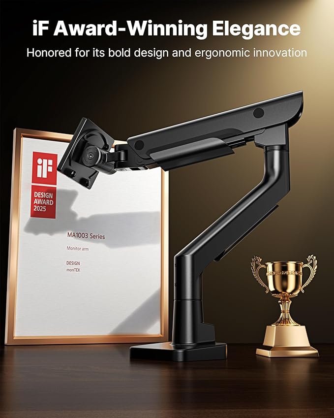 monTEK USB Monitor Arm for 17-57" Ultrawide, 59.4 lbs, Black | USB-A/C ports, pneumatic lift, quick-release VESA 75/100 plate, clamp/grommet bases and cable management - Image 4
