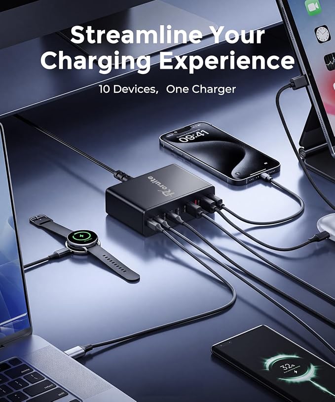 USB C Charging Station 10 Port with 4 Cables,245W GaN Charger Block | Type C Wall Charger Power Strip Adapter Plug for iPad iPhone17 16 15 14 13 12 Pro Max Pixel Note Galaxy Black - Image 4