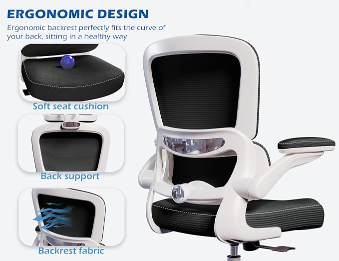 TRALT Ergonomic Office Chair Desk Chair with Adjustable Lumbar Support | Desk Chair Comfy with Flip-up Armrests Ergonomic Chair - Mesh Computer Chairs for Adults, 330lbs, PU Leather (Black White, 1) - Image 8