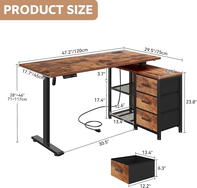 47'' L Shaped Desk with 3 Drawers Electric Standing Desks Rustic | with Storage Computer Desk Adjustable Height with Power Outlets 4 Memory Presets for Home Office - Image 2