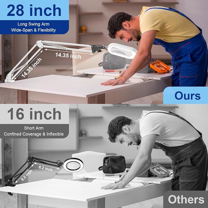 14.35" Large Magnifying Glass with Light and Clamp, Real Glass, 5 Color Modes, Stepless Dimmable, Lighted Magnifier with Stand Hands Free, LED Swing Arm Desk Lamp for Close Work, Craft, White - Image 6
